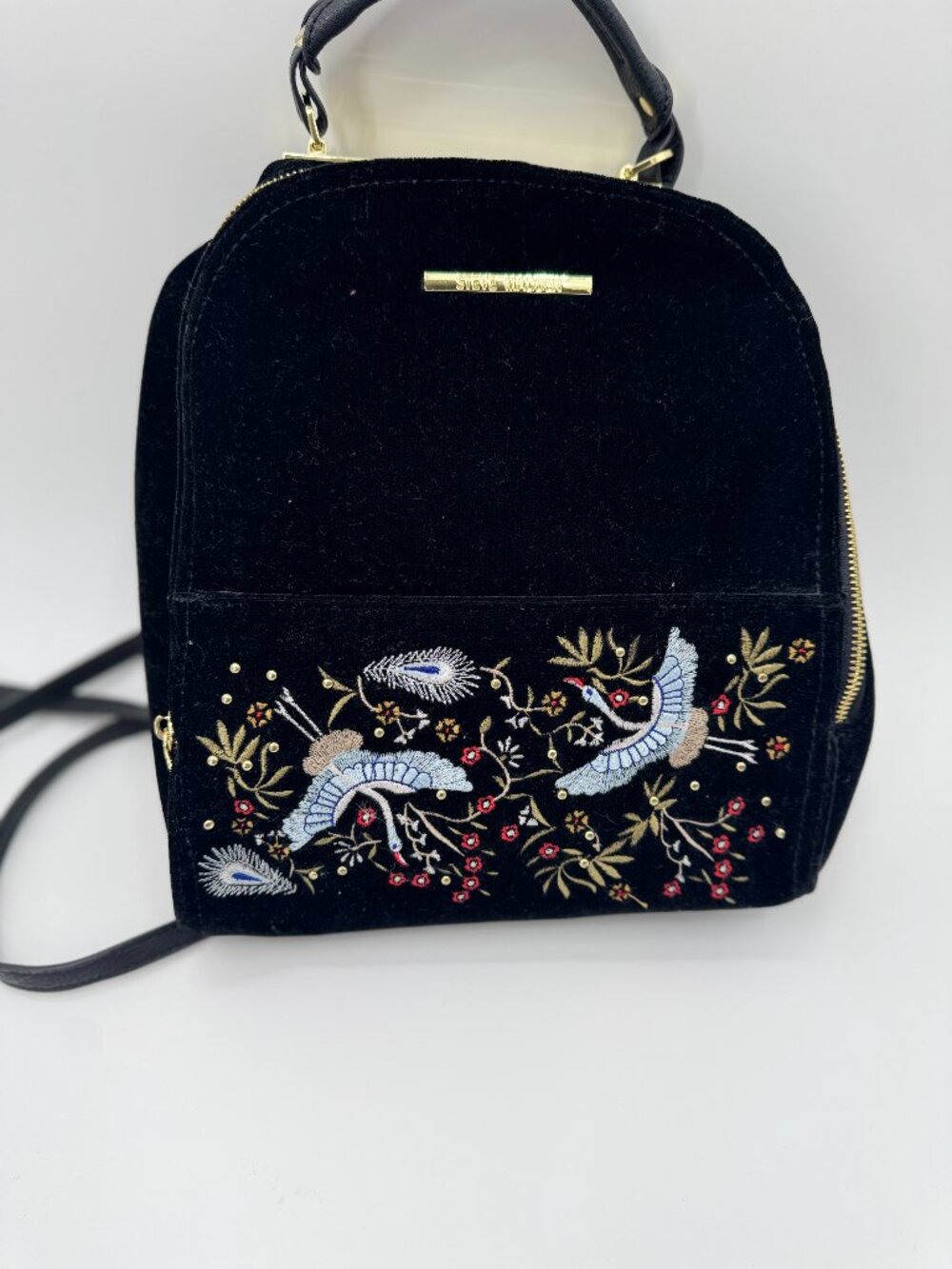 Steve Madden Black Velvet Embroidered Crane Mini Backpack Gold Floral Bag